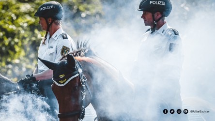 Eine Polizeireiterin und ein Polizeireiter auf ihren Pferden bei einer Übung.