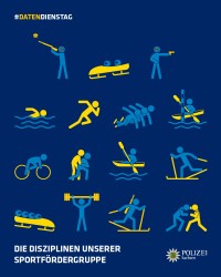 Bildzeile: „Die Disziplinen unserer Sportfördergruppe“. In der Grafik sind 15 kleine Icons zu sehen, die für je eine der Sportarten stehen.