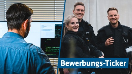 Ein Kollege vor dem Computerarbeitsplatz und ein Team aus Polizisten und einer Polizistin in Uniformen: Das Team der Polizei Sachsen freut sich über deine Bewerbung.